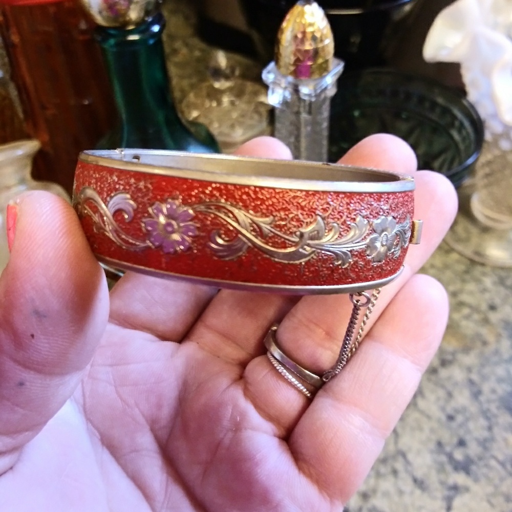 Vintage RedEnamel and Silver Filigree Bracelet